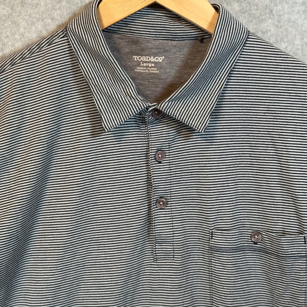 Toad&Co Mens Large Grey Navy Micro Stripe Organic Cotton Blend Polo Shirt Pocket